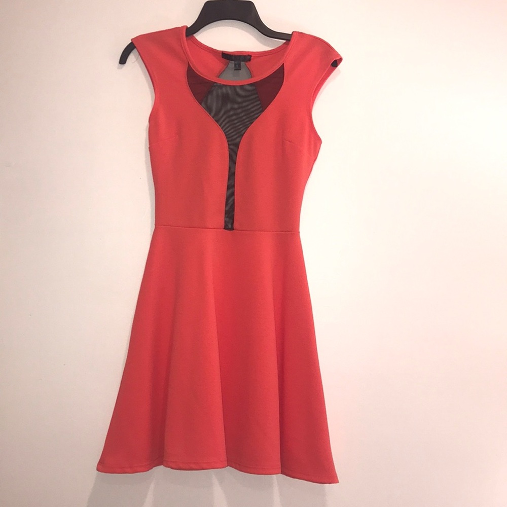 Coral Mesh Plunge Neckline Dress